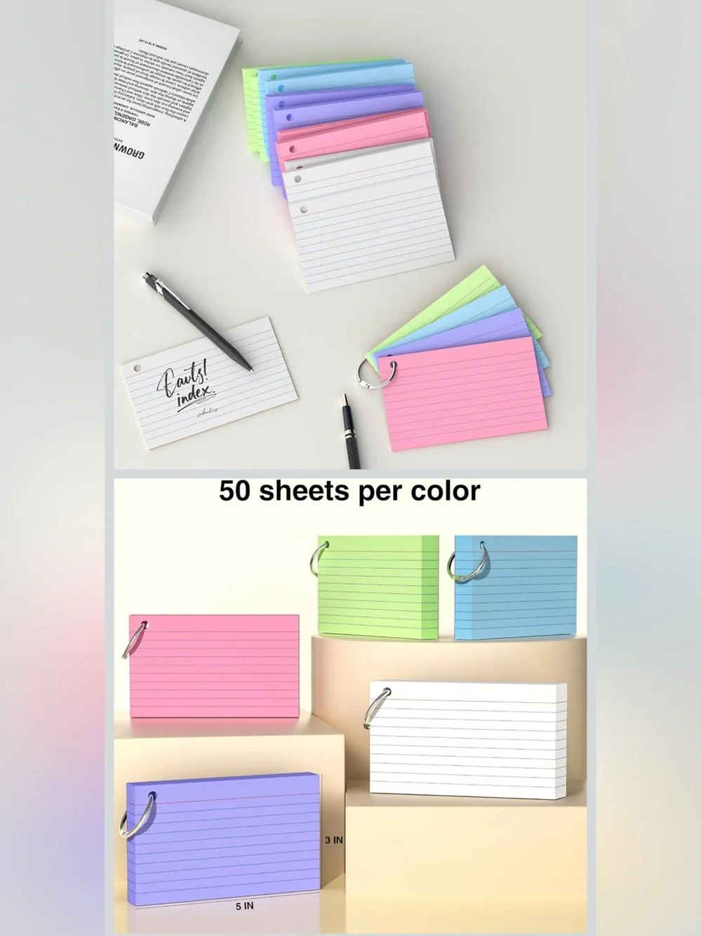 Colored Lined Index Cards with Binder Ring - White, Pink, Purple, Blue